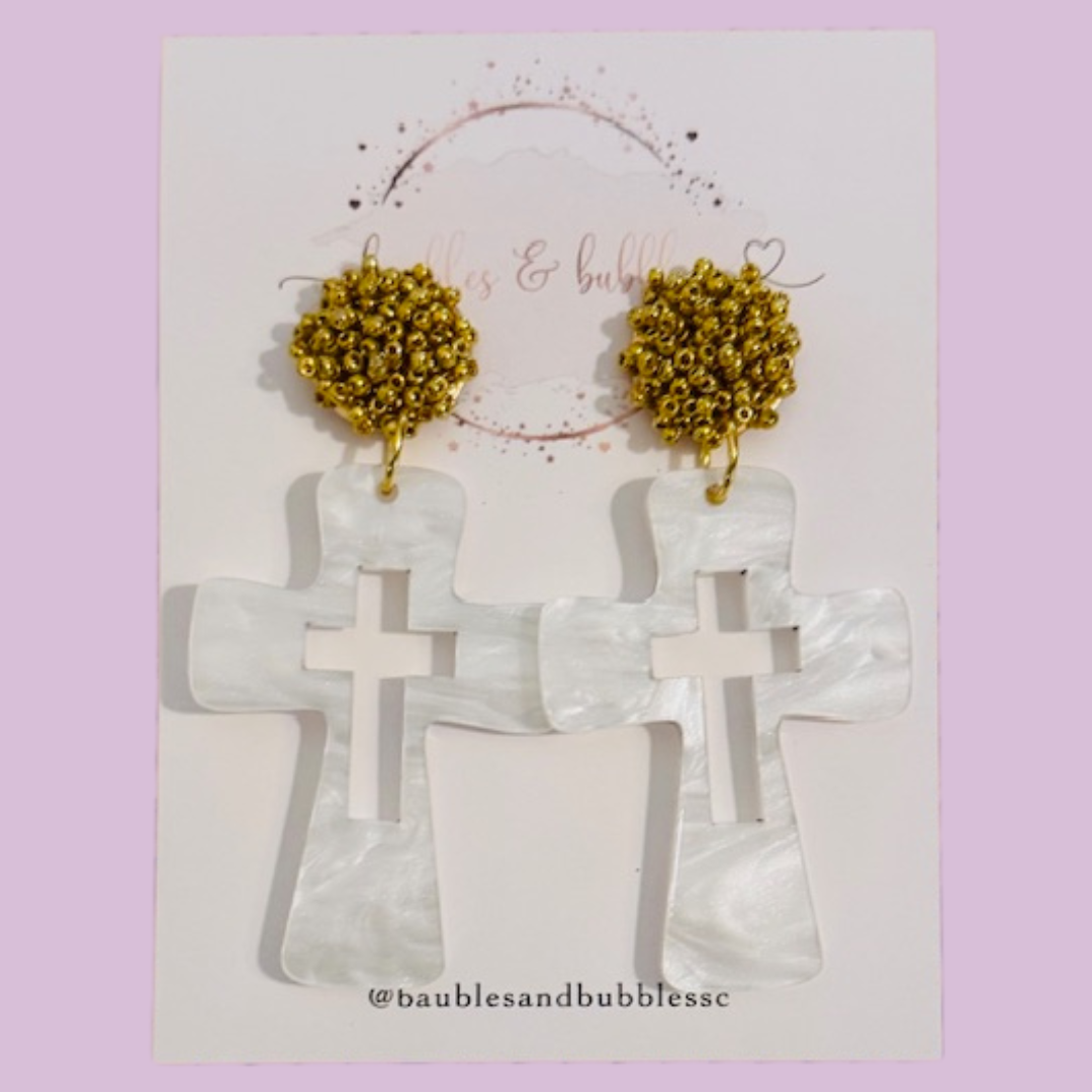 Pearl Cross with Gold Seed Bead Topper